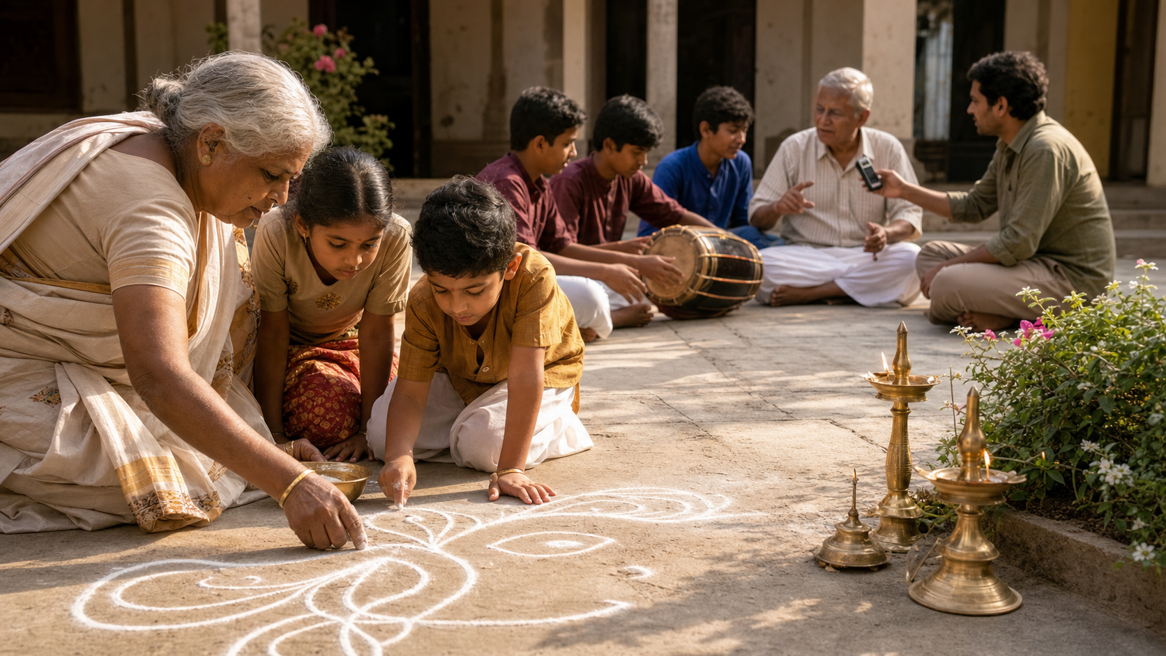 An older woman teaches two children to make a rice-flour kolam while other community members learn music and record an oral history in the courtyard behind them.