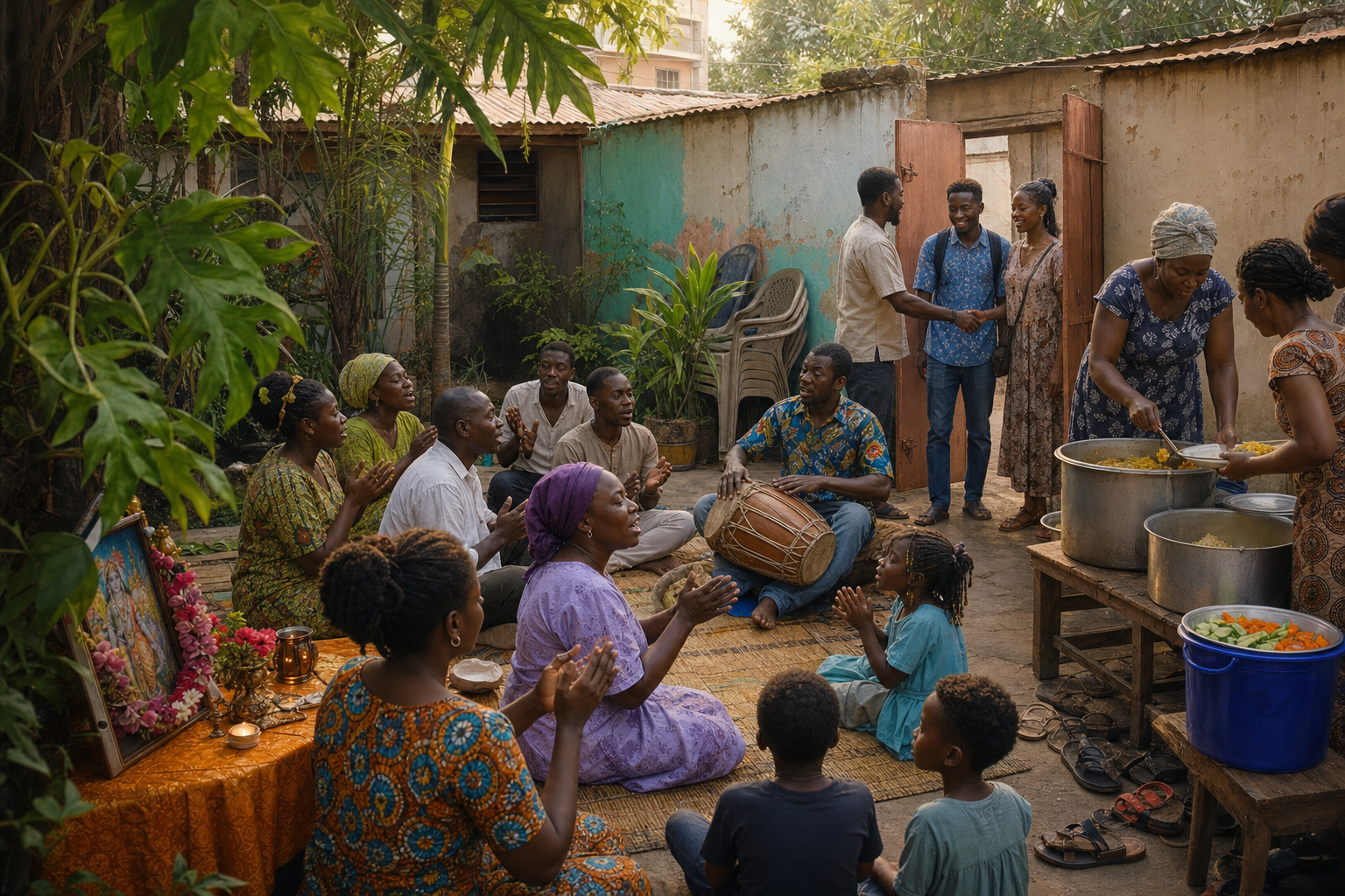 Adults and children sing, play a drum, welcome visitors, and serve food during a small courtyard gathering in Lome, Togo.