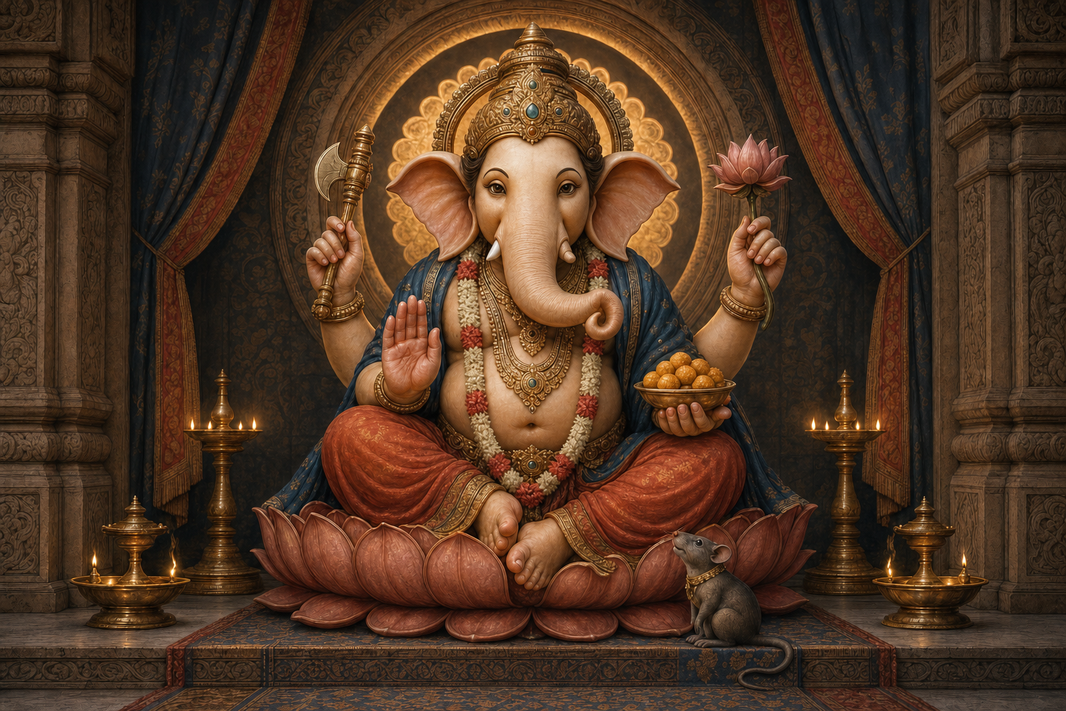 Ganesha sits on a lotus pedestal in a temple alcove with symbolic objects in his hands and a small mouse at the base.