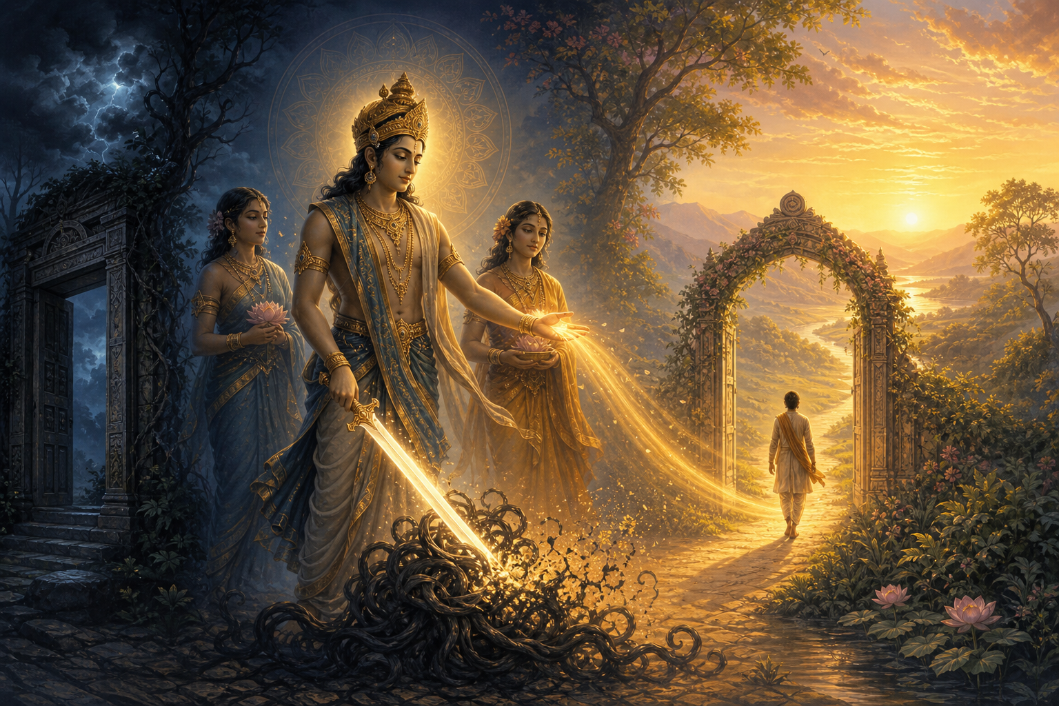 A guardian deity with two companions stands between a dark forest and an open sunrise gate, with a luminous blade cutting a shadowy knot and an open hand giving light.