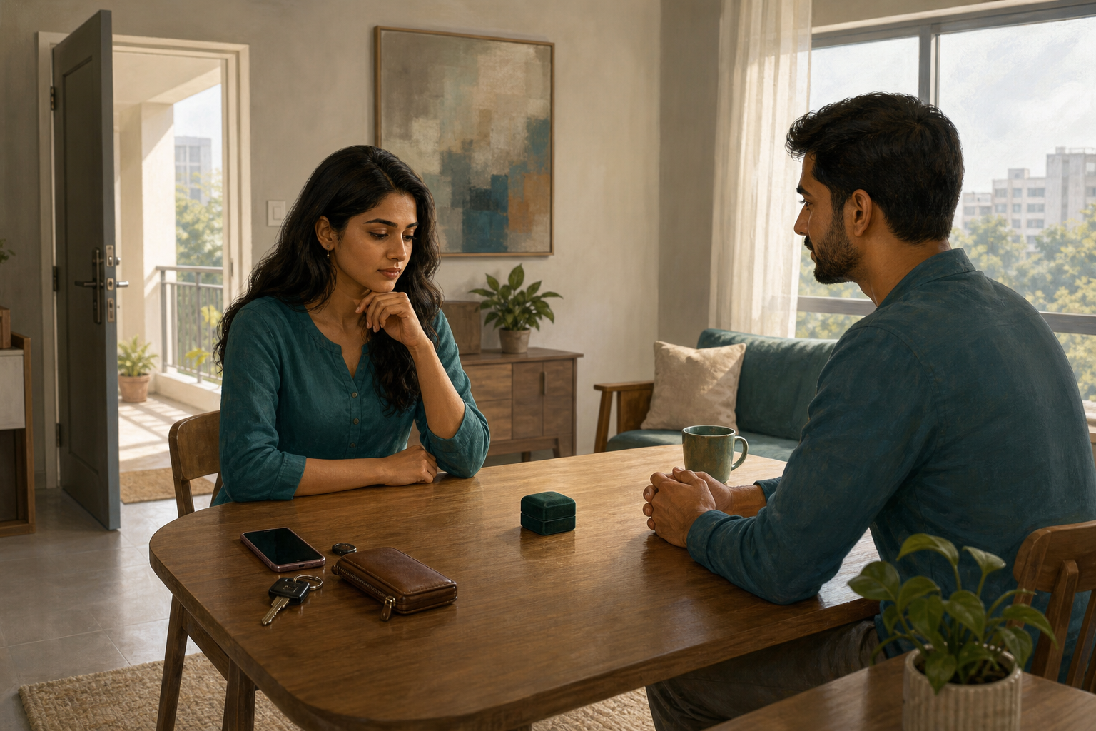 A woman considers a closed ring box at a table while her phone, keys, wallet, and an open doorway remain within easy reach.