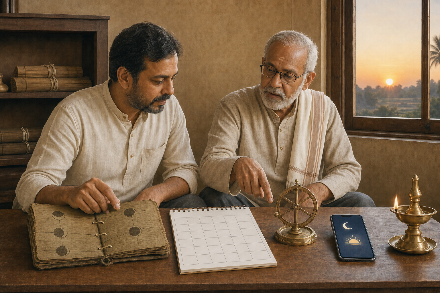 A householder and an elderly temple scholar compare an almanac, a blank calendar, and an unbranded phone beside a window at sunrise.
