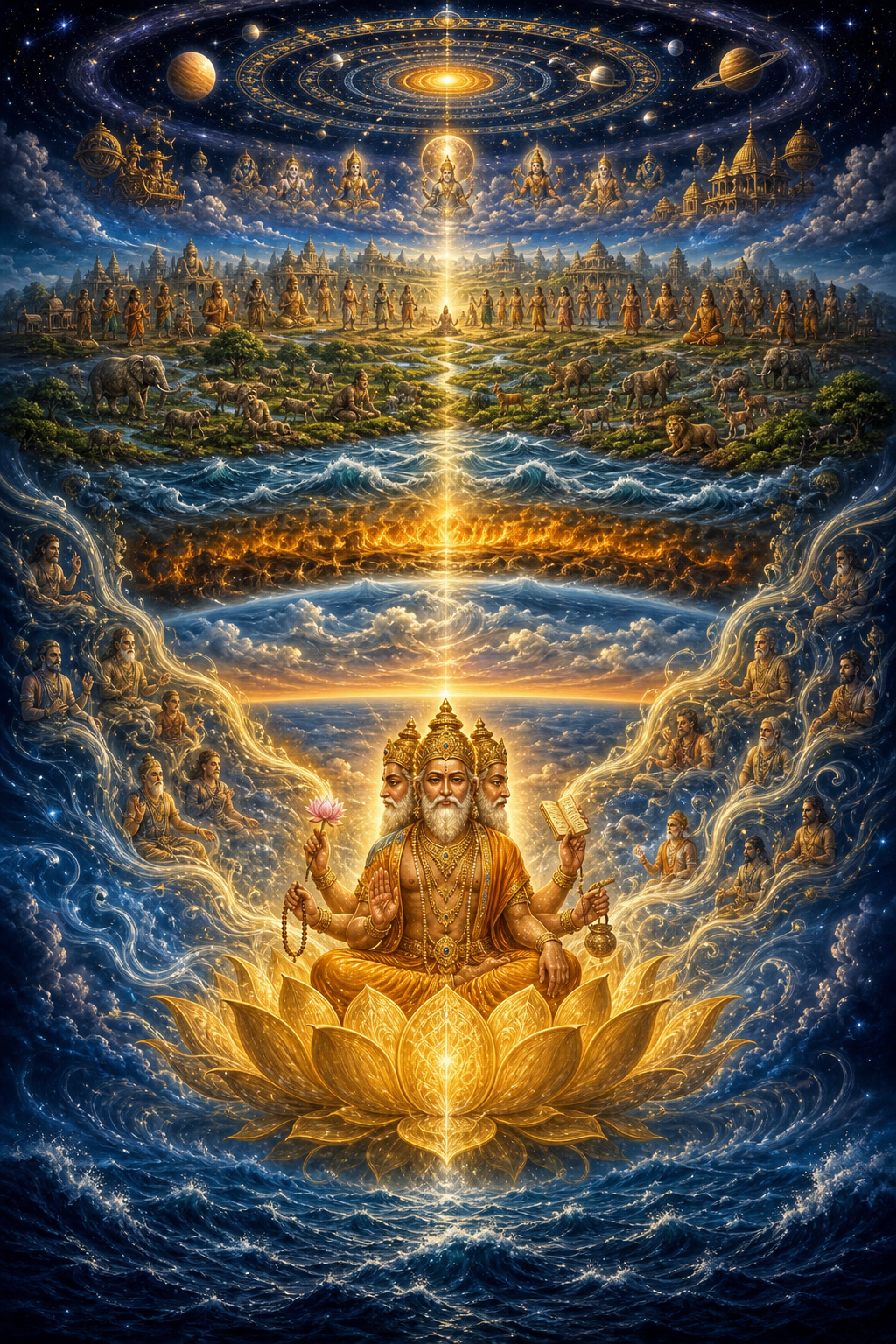 Brahma sits on a golden lotus above a dark cosmic ocean as rings of light, elements, plants, animals, and people emerge around him.