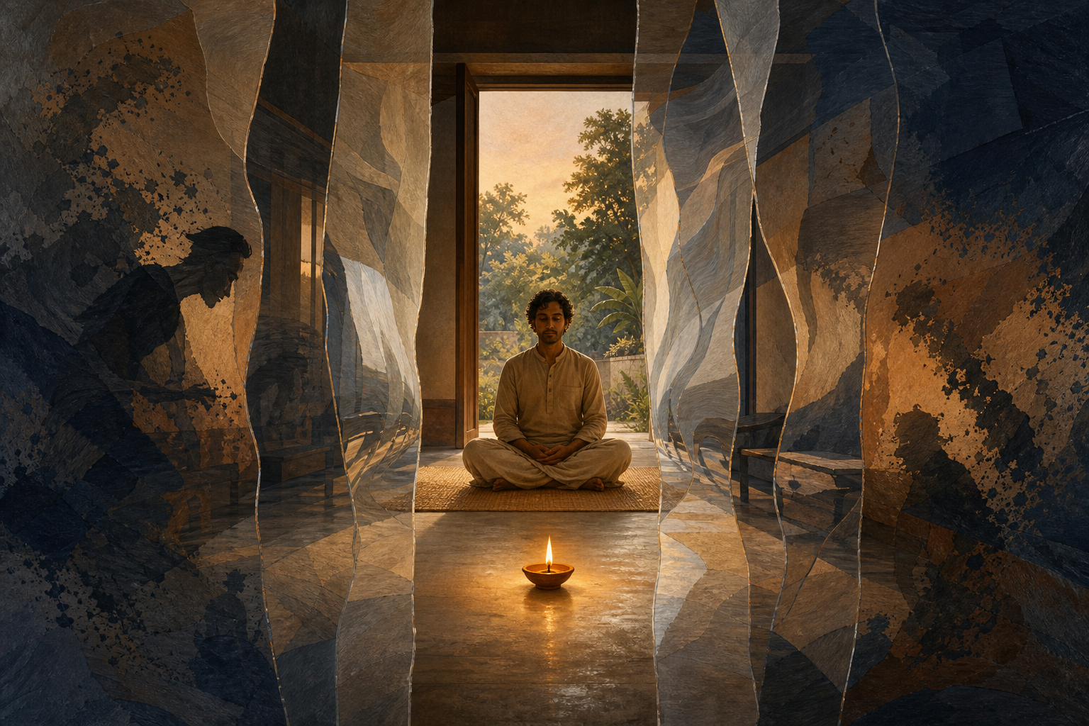 A seated practitioner focuses on a small clay lamp while translucent veils distort the surrounding room and a clear central path remains undisturbed.