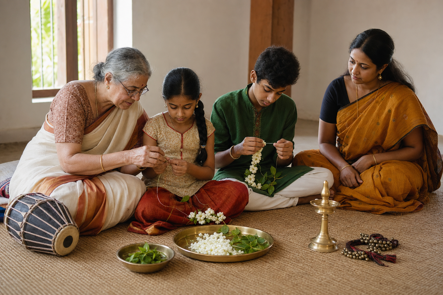 An elder demonstrates garland making to a child and teenager in a community hall, with a drum, brass lamp, dance anklets, and flowers arranged nearby.