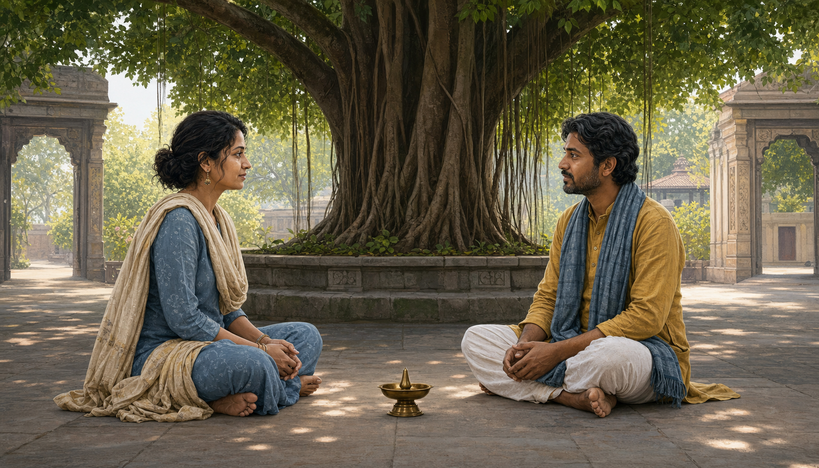 Two adults sit at equal height beneath a banyan tree, with a brass lamp between them and a separate open path behind each person.