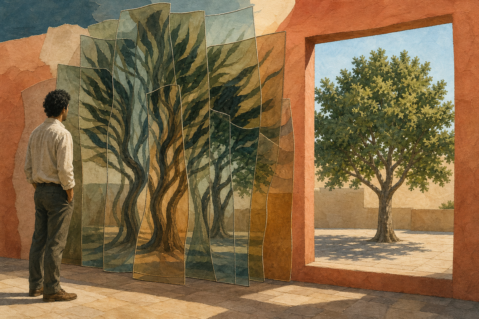 A person views one tree through warped translucent panes and through a clear opening in a sunlit courtyard.