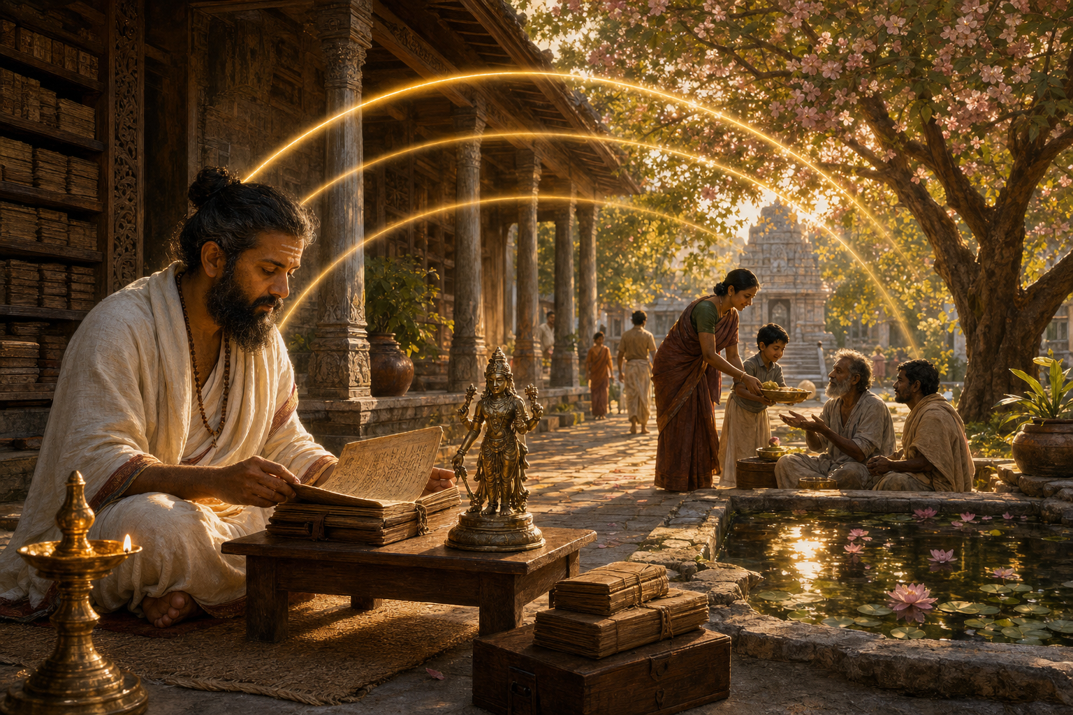 A scholar compares a manuscript and sacred image in a courtyard while nearby people share food and care for their surroundings.