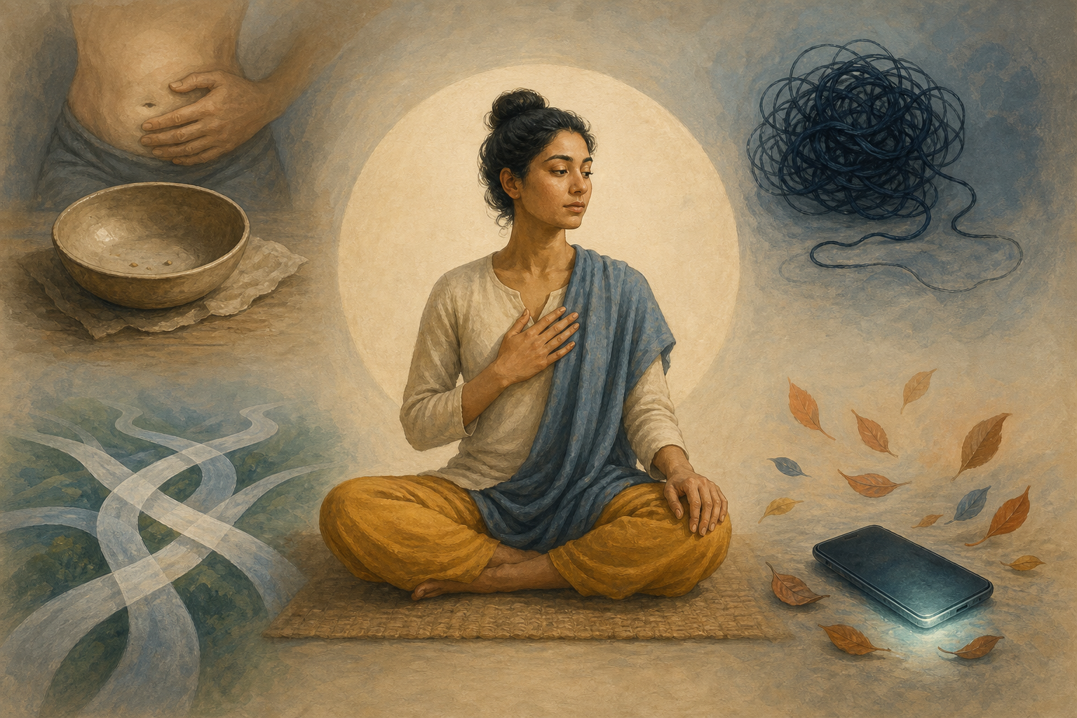 A centered seated practitioner observes an empty bowl, a knotted thread, crossing paths, and a glowing phone as symbols of different disturbances.