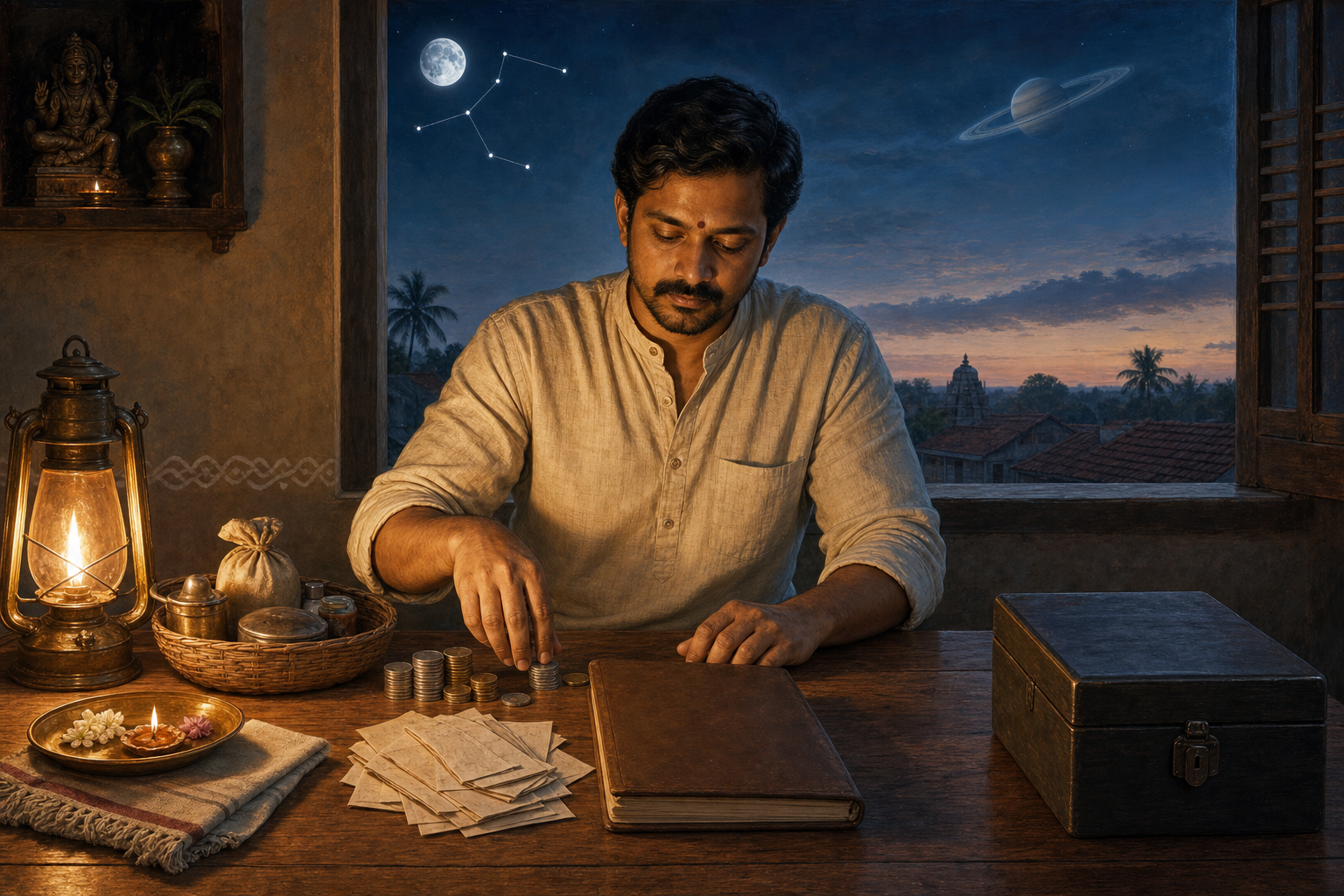 An Indian householder organizes coins, receipts, a savings box, and a ledger beneath symbolic Moon and Saturn imagery.