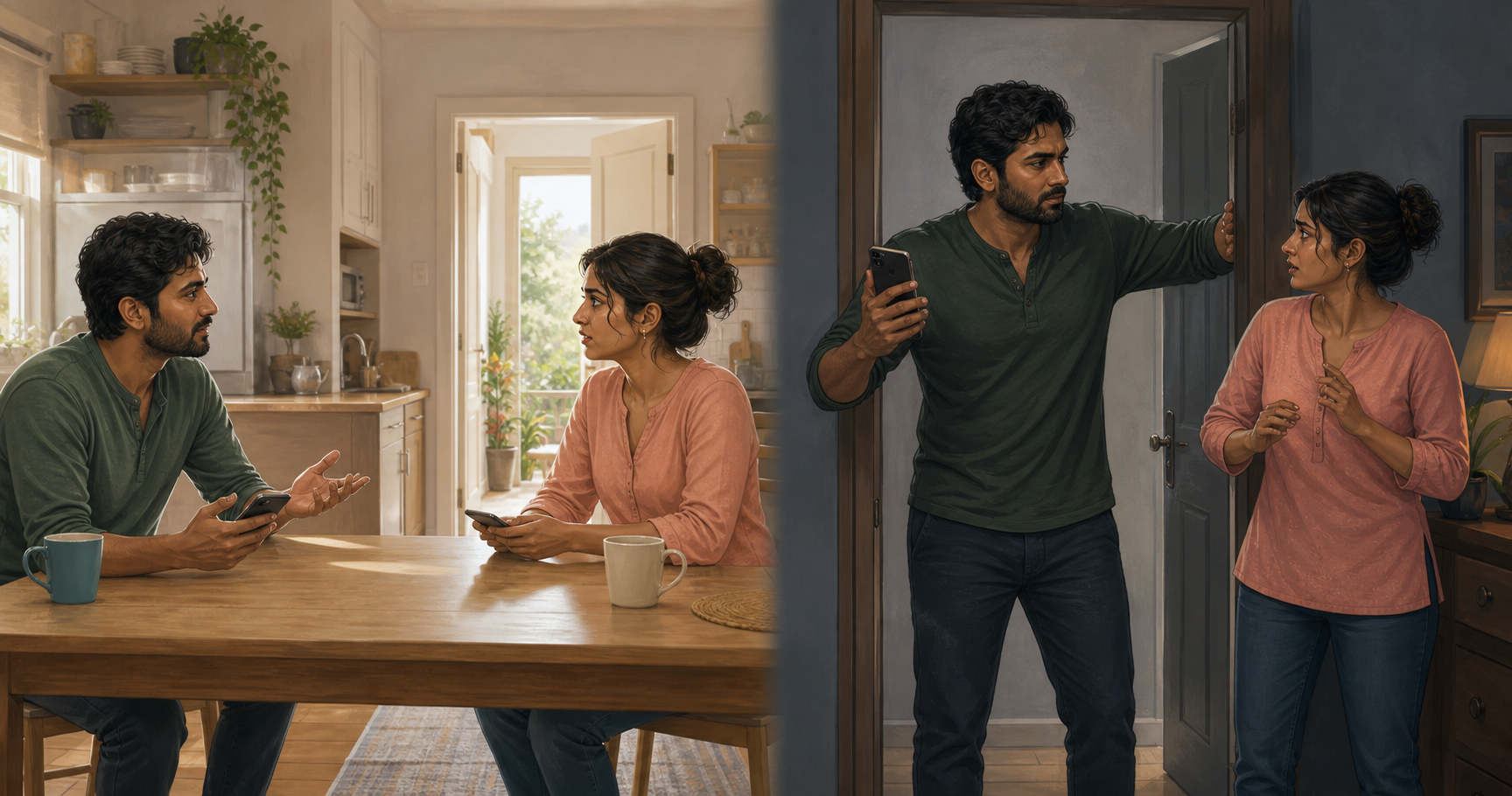 A split illustration shows one couple disagreeing with open space between them and, in contrast, a partner blocking a doorway while holding the other person's phone.