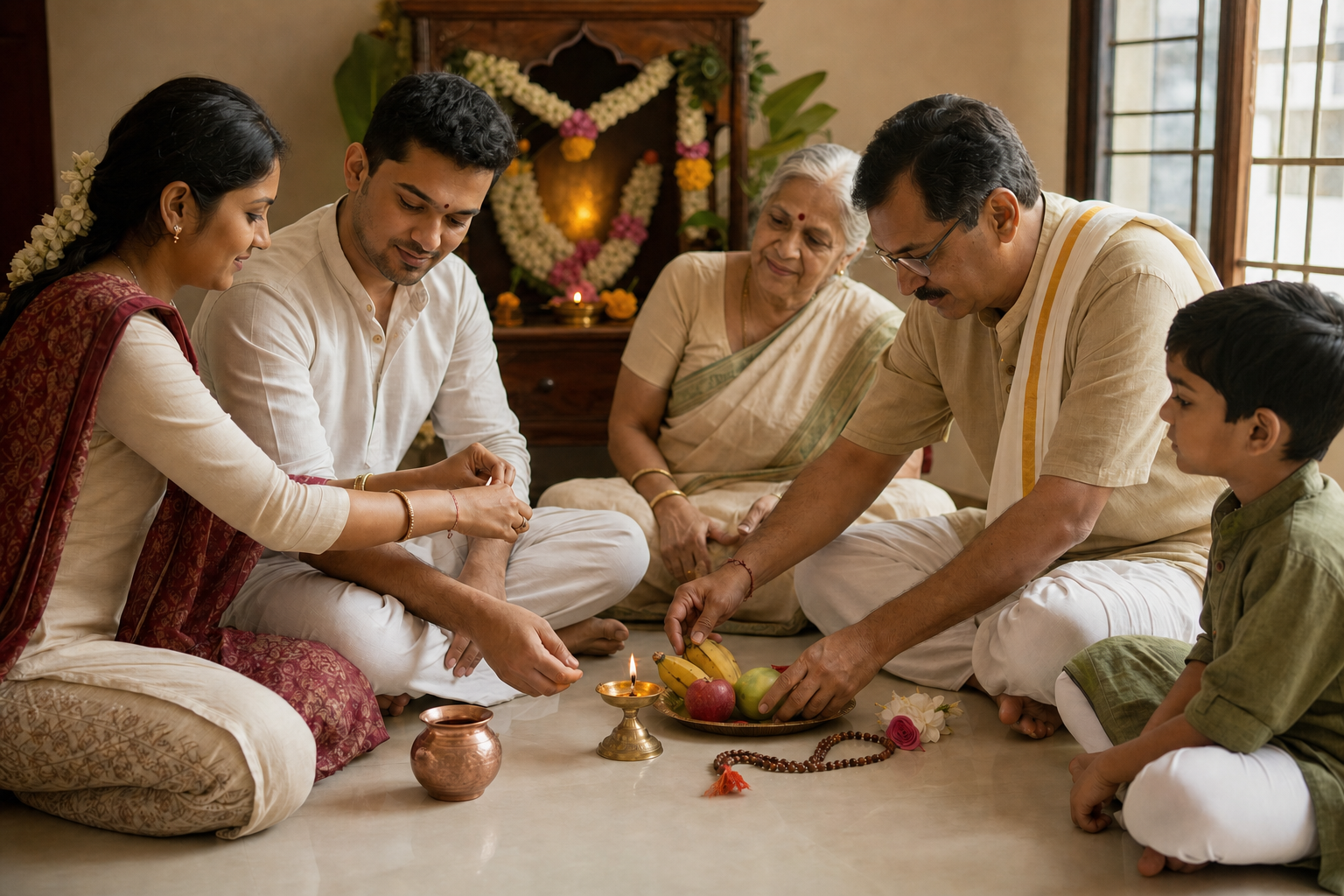 A multigenerational Indian family prepares a simple home vrata with a lamp, water vessel, fruit, flowers, and prayer beads.