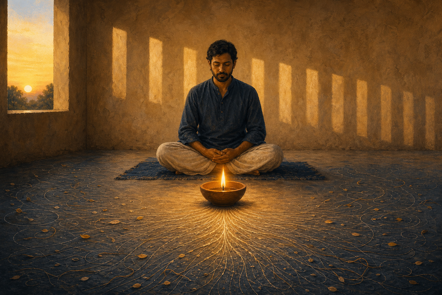 A practitioner meditates before one steady flame as scattered threads and leaf shapes align toward the central focal point.