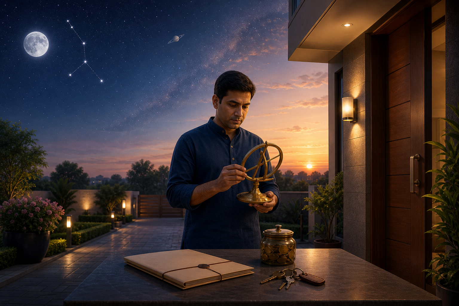 A person observes the Moon and a distant ringed planet before touching a coin jar and financial folder.