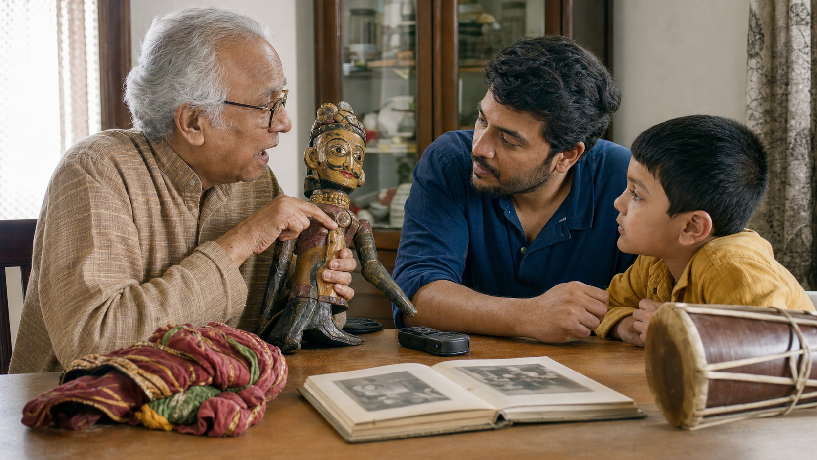 An older man explains a worn wooden festival puppet to a young interviewer and a child while an audio recorder, costume, drum, and family album rest on the table.