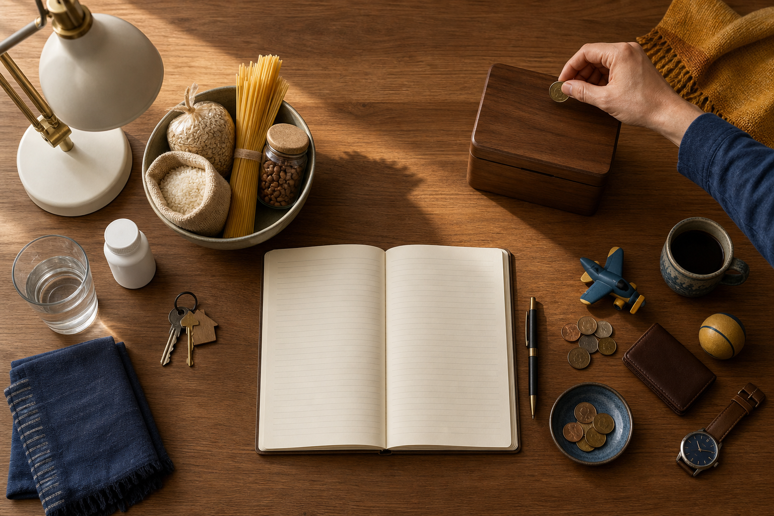 A blank household ledger and two bowls separate essential expenses from avoidable purchases as a hand saves a coin.