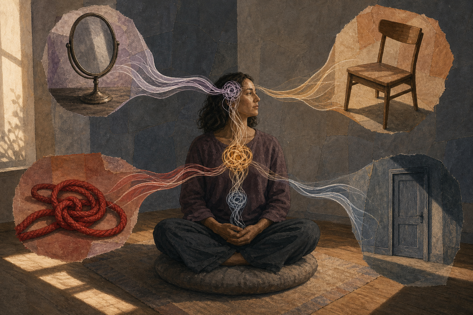 A seated person observes translucent lines connecting a mirror, empty chair, red cord, and closed door to tangled knots near the body.
