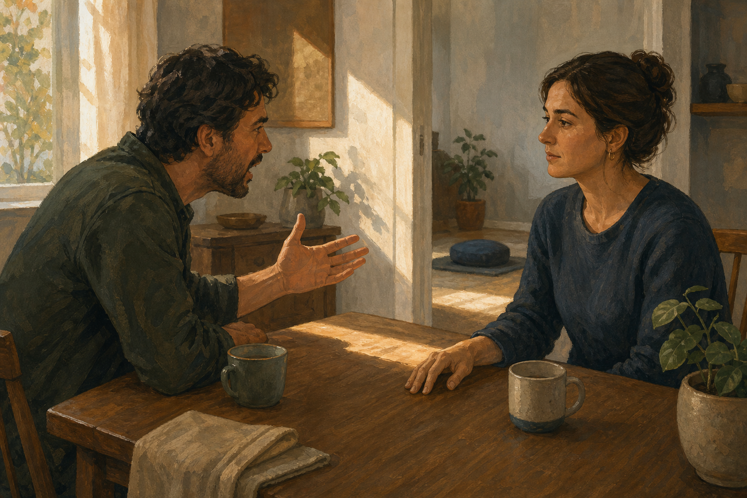 Two adults sit during a tense conversation while one pauses calmly before responding, with a meditation cushion visible in the background.