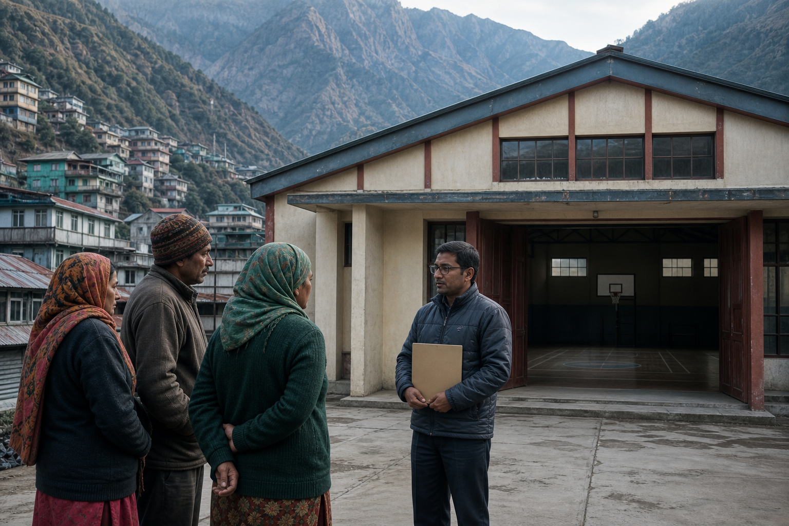 Residents speak calmly with a civic official outside a public sports hall in a Himalayan town.
