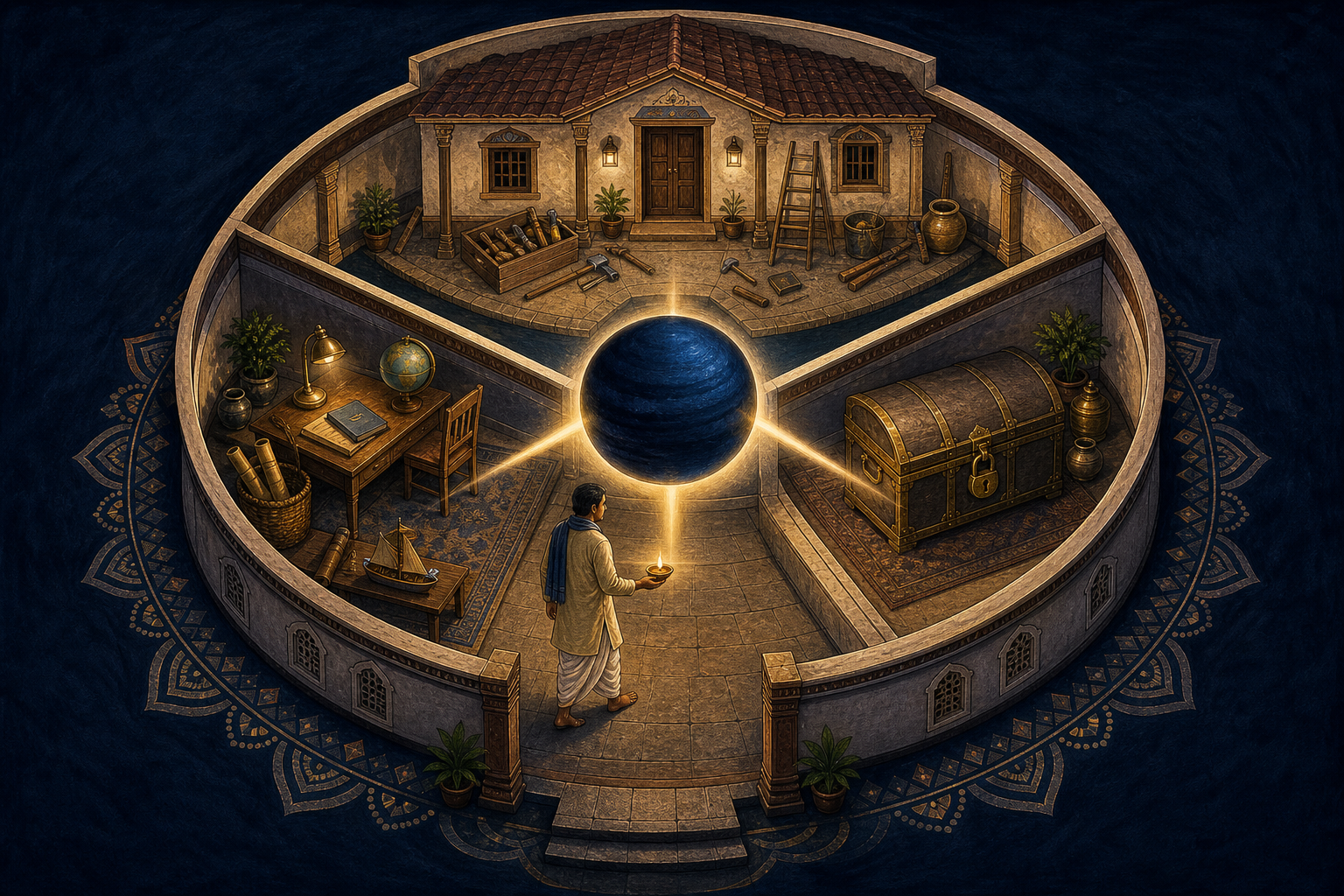 A householder inspects home, work, and savings areas arranged around a symbolic ringed planet.