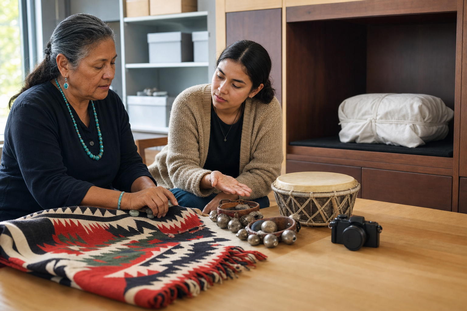 An elder and a younger volunteer discuss festival objects at an archive table while a cloth-wrapped sacred item remains protected in a separate cabinet.