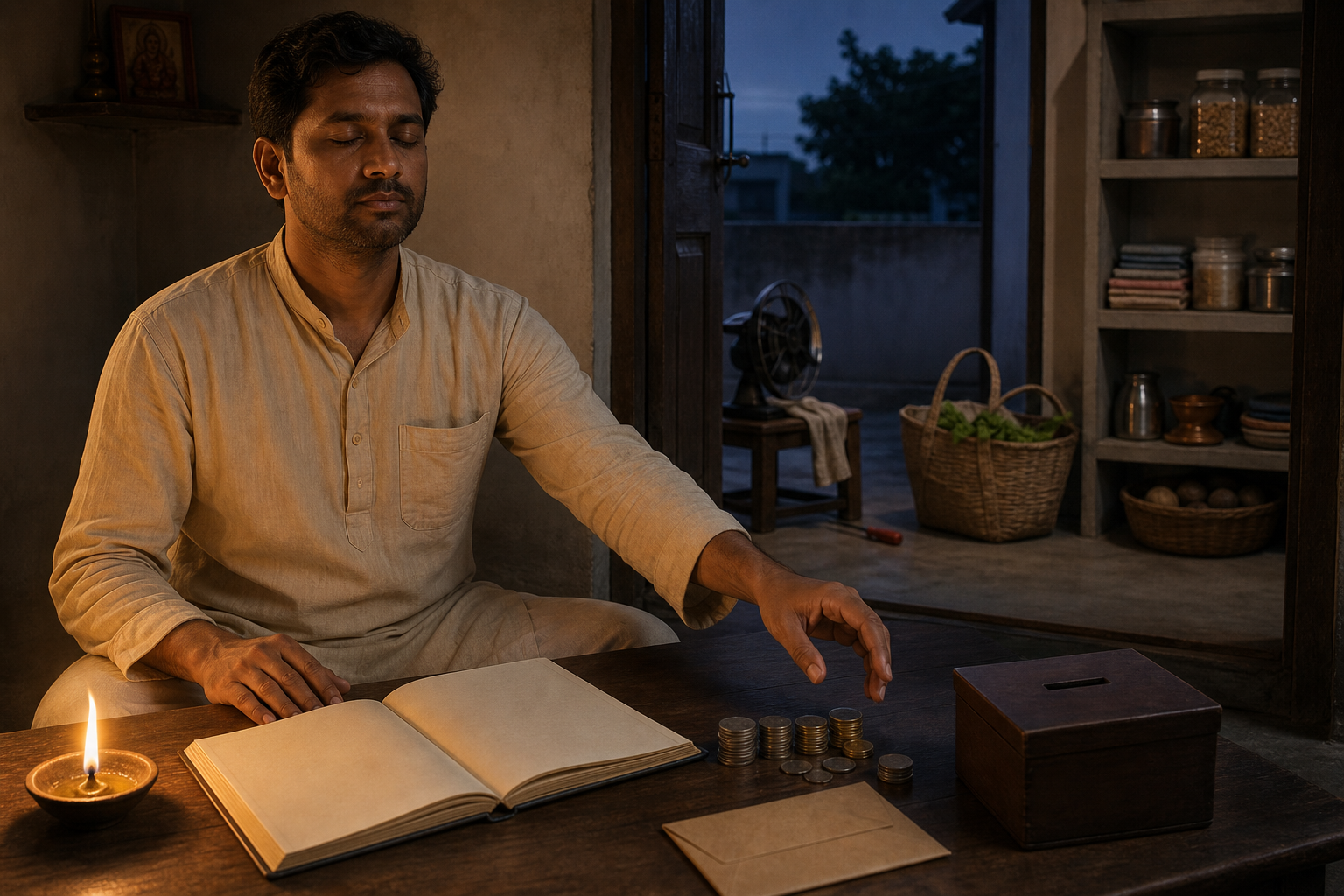 A person moves from meditation beside an oil lamp to an organized desk with a ledger, coins, and savings envelope.