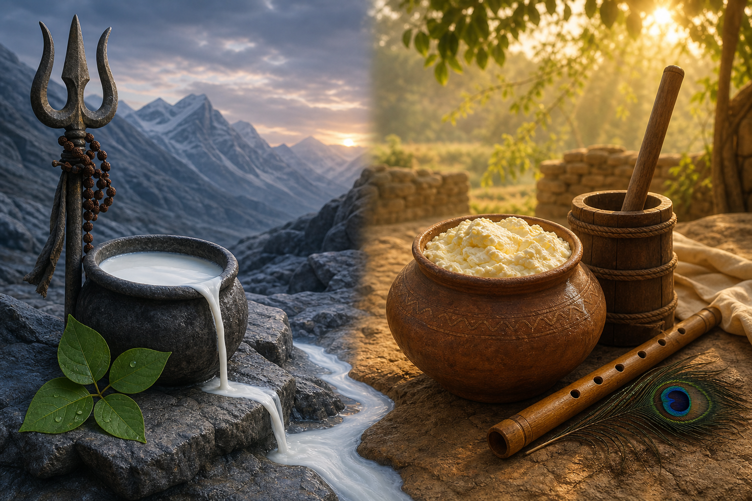A stone bowl of fresh milk beside a trident and bilva leaves is paired with a clay pot of butter beside a flute, peacock feather, and churning staff.