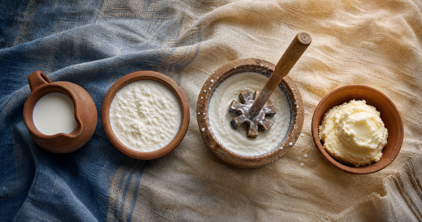 An overhead arrangement shows fresh milk, set curd, a wooden churn, and finished butter in earthen vessels.