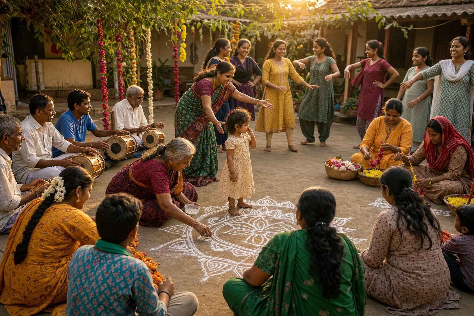 Children, teenagers, adults, and elders actively make a kolam, learn drumming, prepare garlands, and practice dance together in a courtyard celebration.