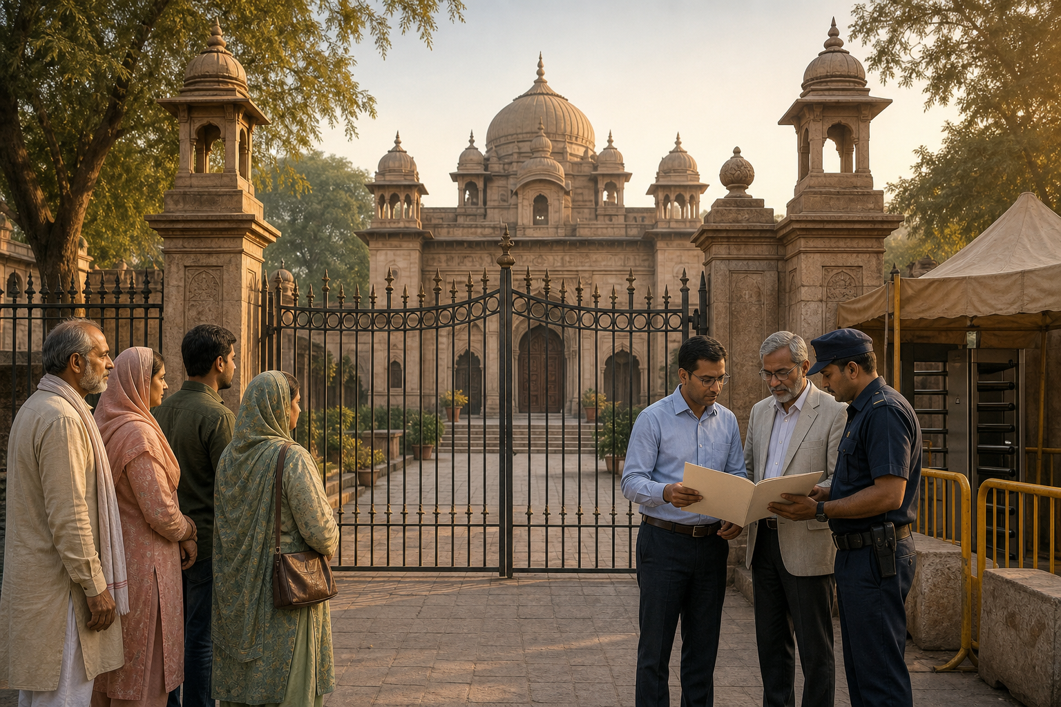 Worshippers wait outside the closed gate of a historic place of worship while civic, heritage, and security officials review documents near the entrance.
