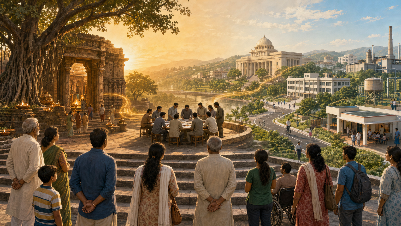 Indian citizens observe a temple gateway, anonymous political organizers and a civic district with a court, school, clinic, road and waterworks.
