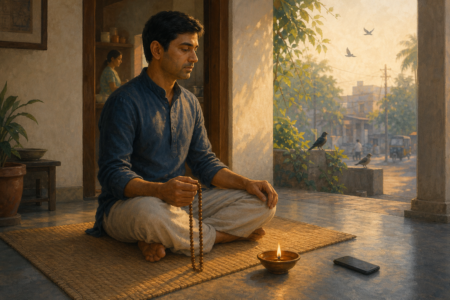 A seated practitioner holds prayer beads and looks toward an oil lamp while a face-down phone and household activity remain in the background.