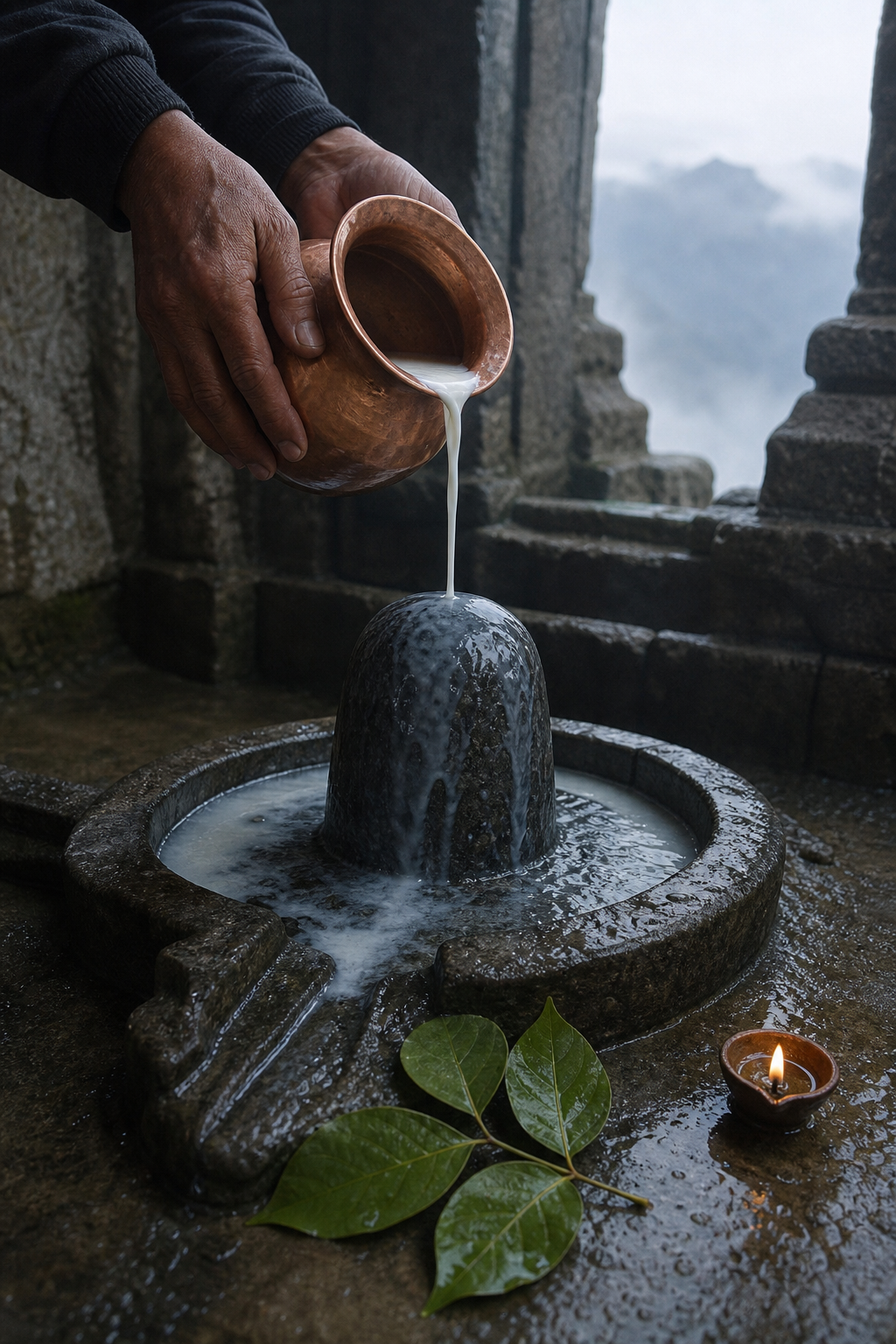 Hands pour fresh milk from a copper vessel over a dark stone lingam in a misty mountain sanctuary.