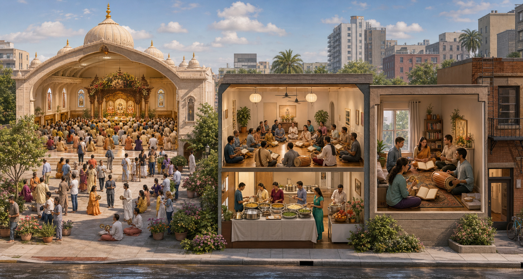 A large devotional complex, a rented community hall, and a small apartment gathering show different scales of religious presence.