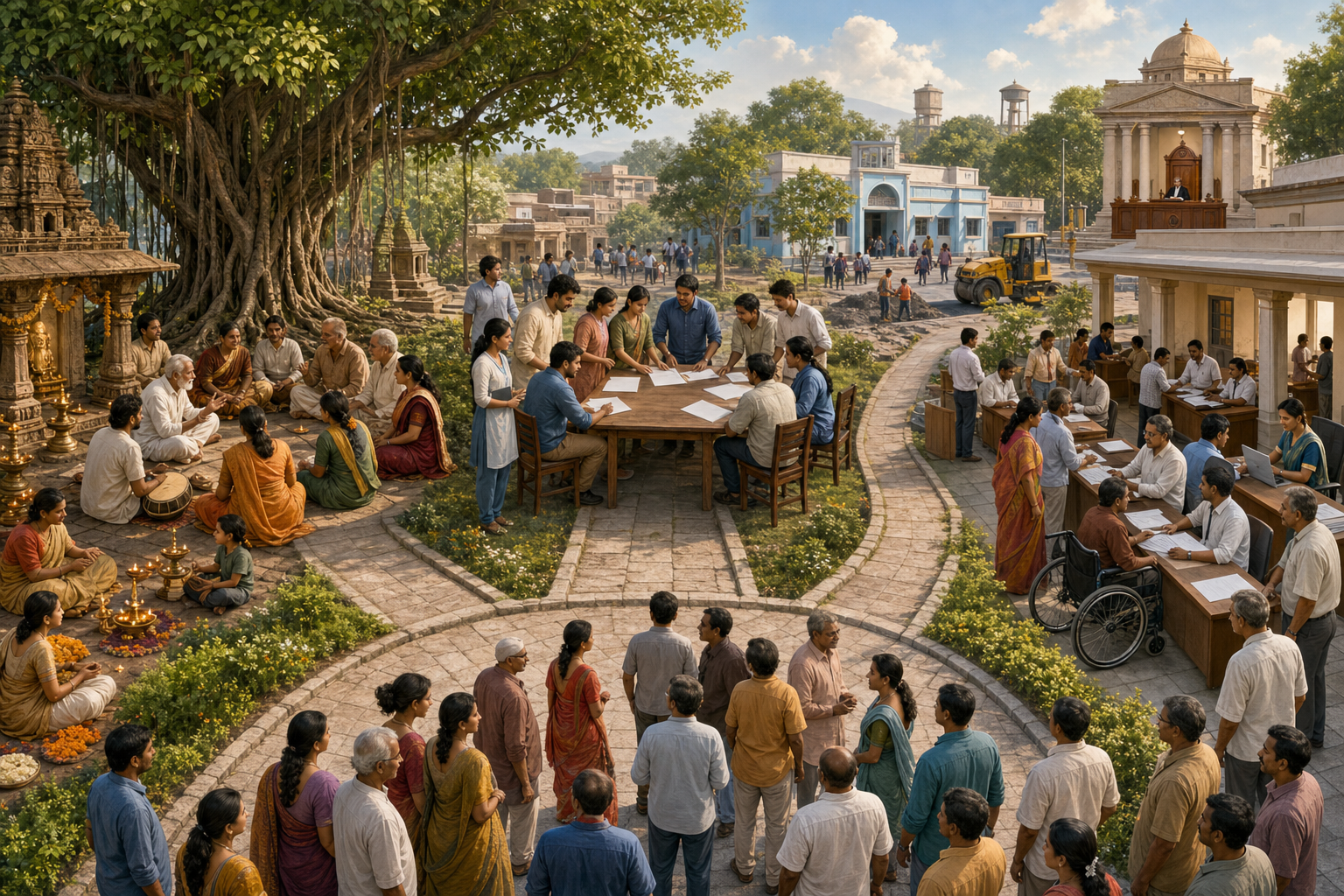 Three connected spaces show a cultural gathering, political organizers at a table and civil servants assisting citizens in a public hall.