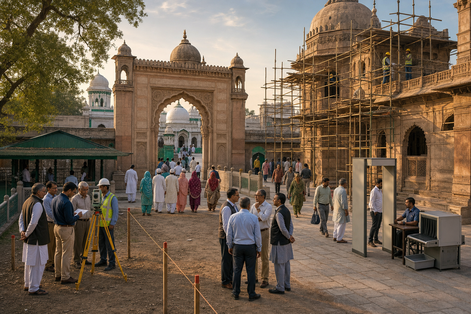 A sacred complex includes worshippers, property markers, repair scaffolding, a public path, and a security checkpoint as officials inspect each area separately.