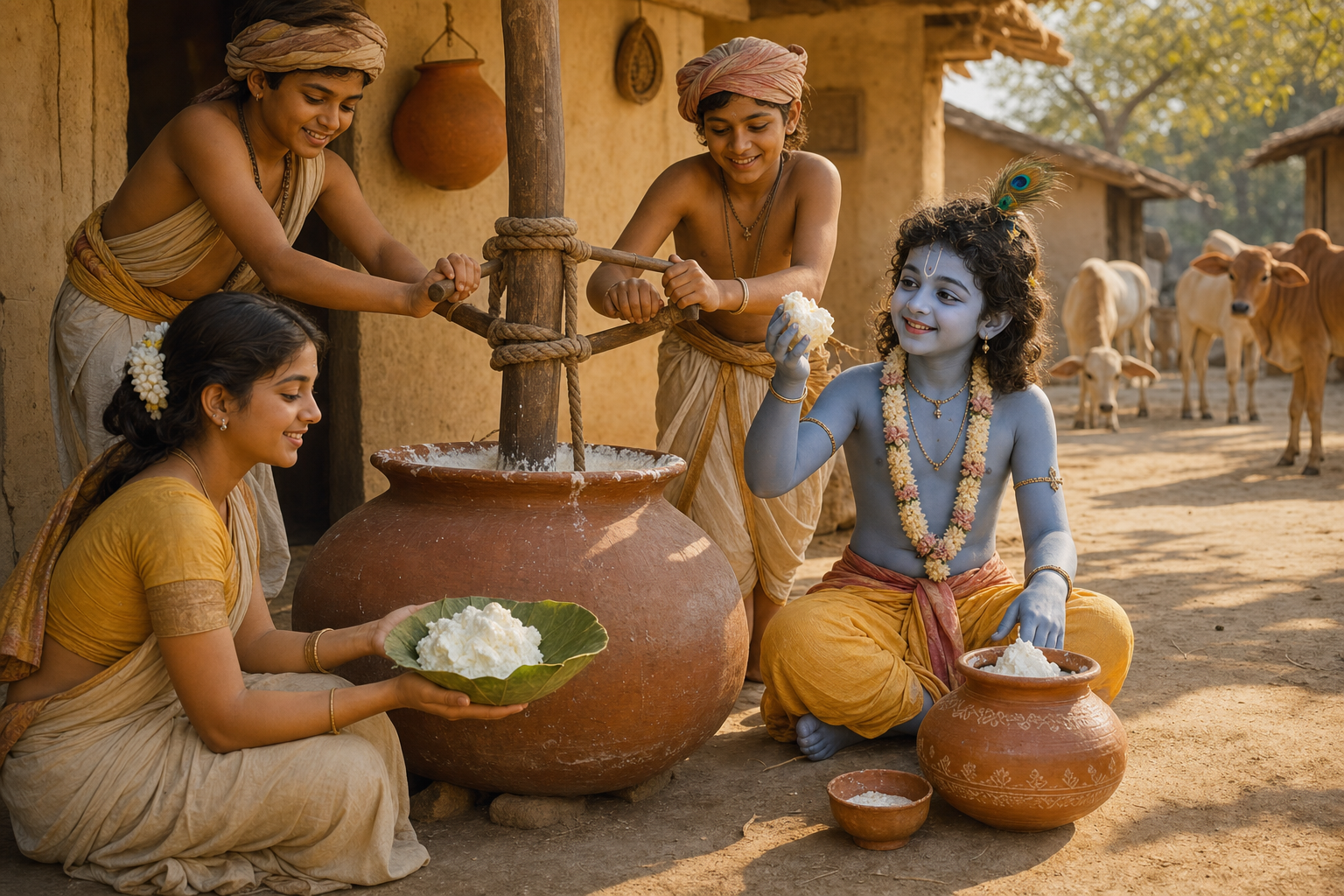 Krishna sits beside an earthen pot while village companions use a wooden churn and gather freshly made butter into a leaf bowl.