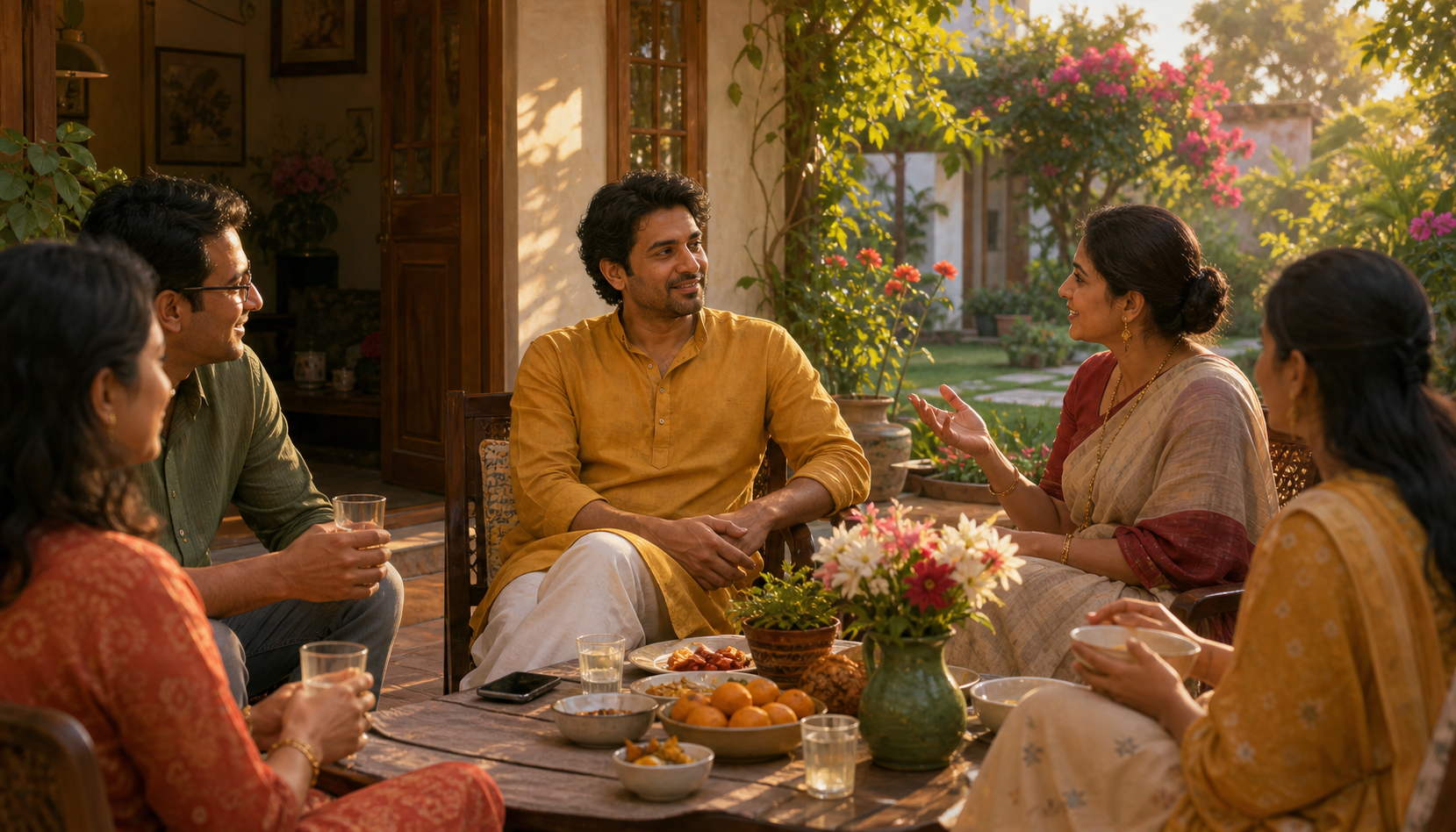 A family gathers with food in a sunny courtyard while one person listens attentively beside an untouched smartphone.