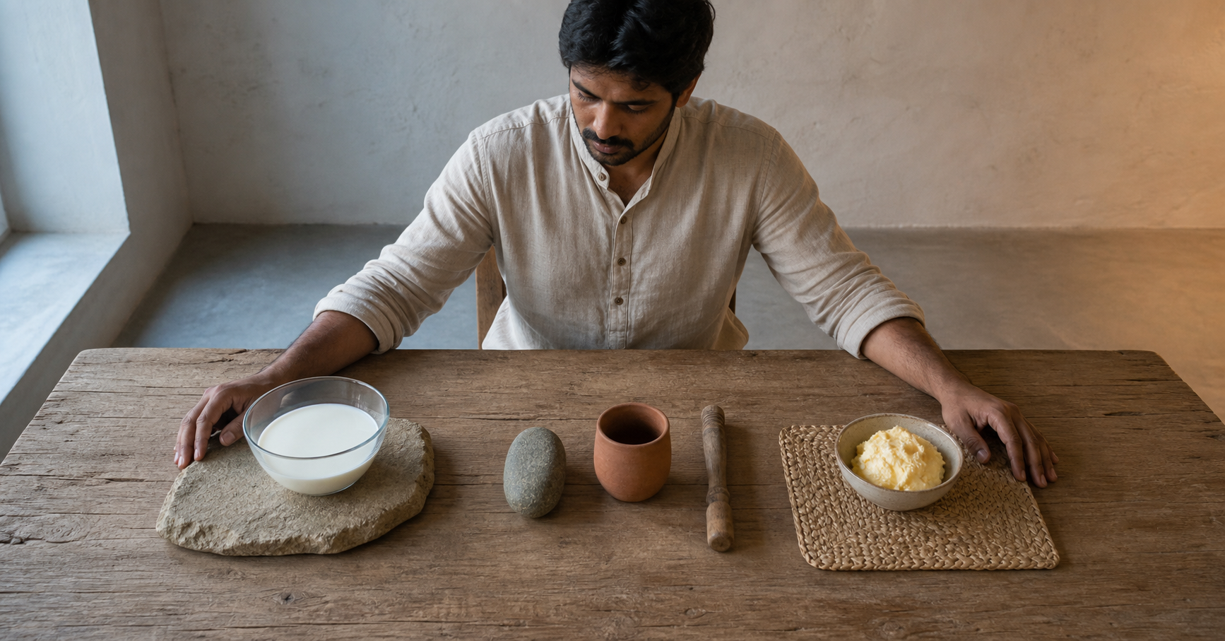A seated person considers a bowl of fresh milk on stone and a bowl of butter on a woven mat at a wooden table.