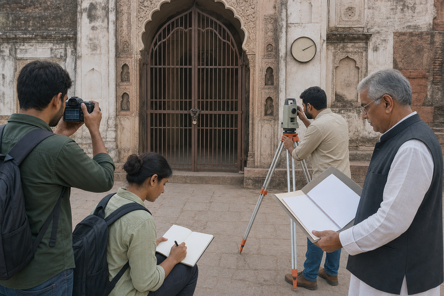 Community members photograph a locked entrance, inspect a boundary marker, and organize documents while recording the condition of a religious site.