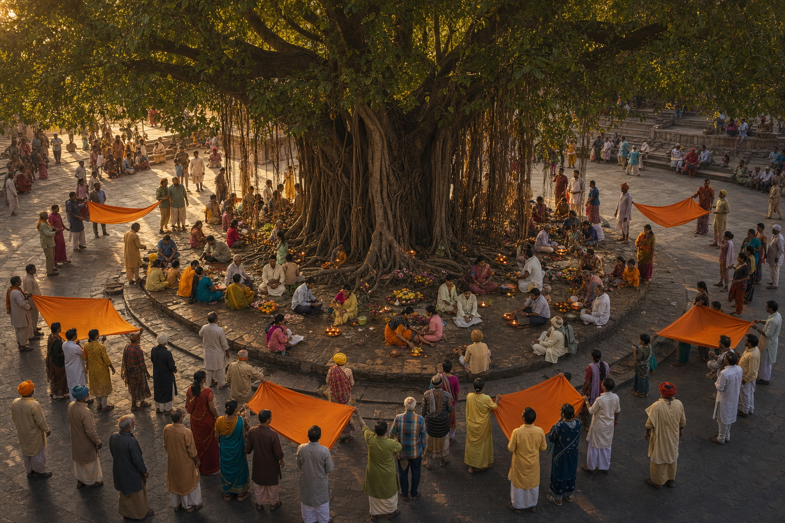 Different groups gather around a large banyan tree while families beneath its canopy tend lamps, flowers and the tree's roots.