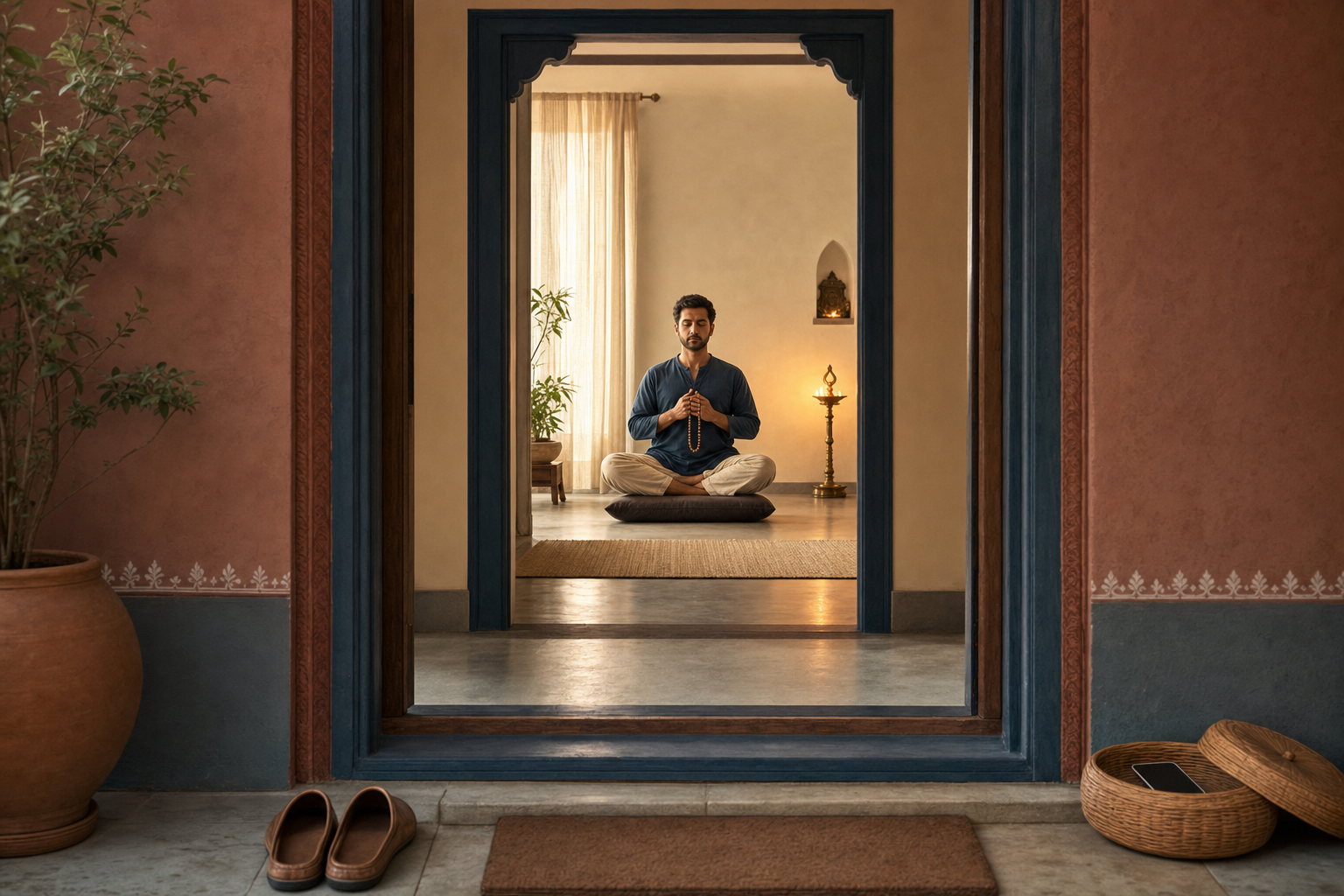 An orderly meditation room leads from shoes and a stored phone at the doorway to a seated practitioner facing an oil lamp.