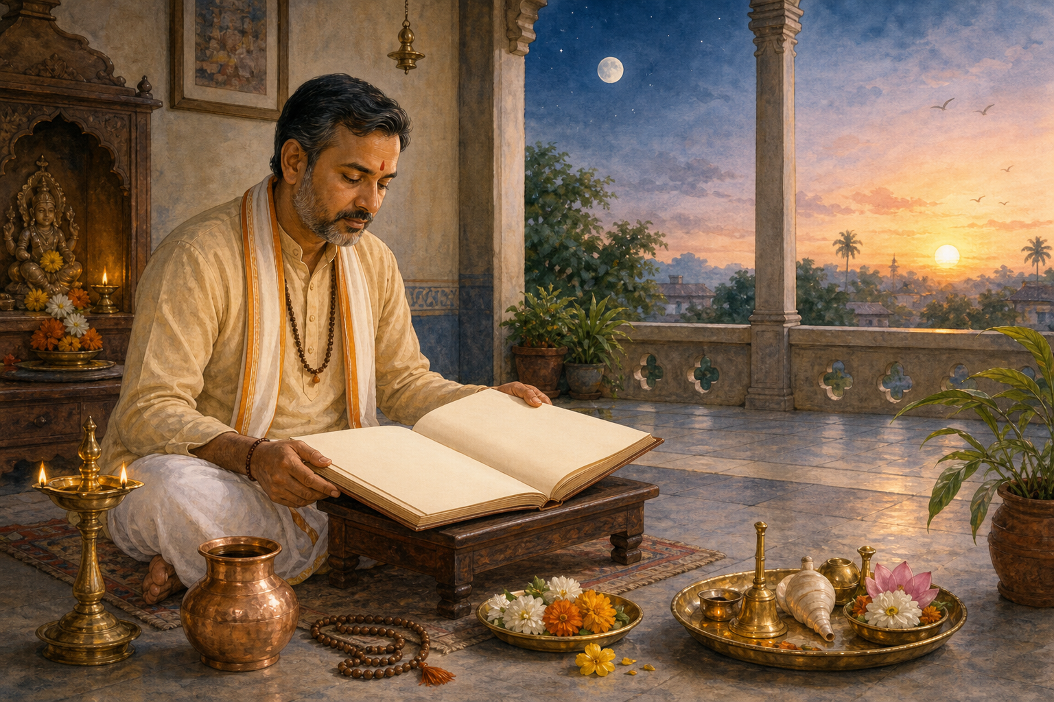 A Hindu practitioner consults an open almanac beside a brass lamp and puja items as the moon fades and the sun rises outside.