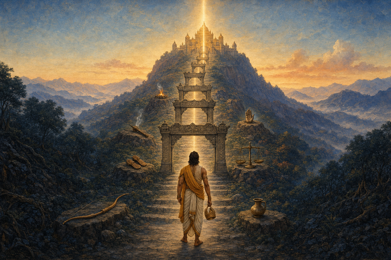 An ancient Indian royal figure holds a crown beside a mountain path that rises through seven gateways toward a glowing palace-temple.