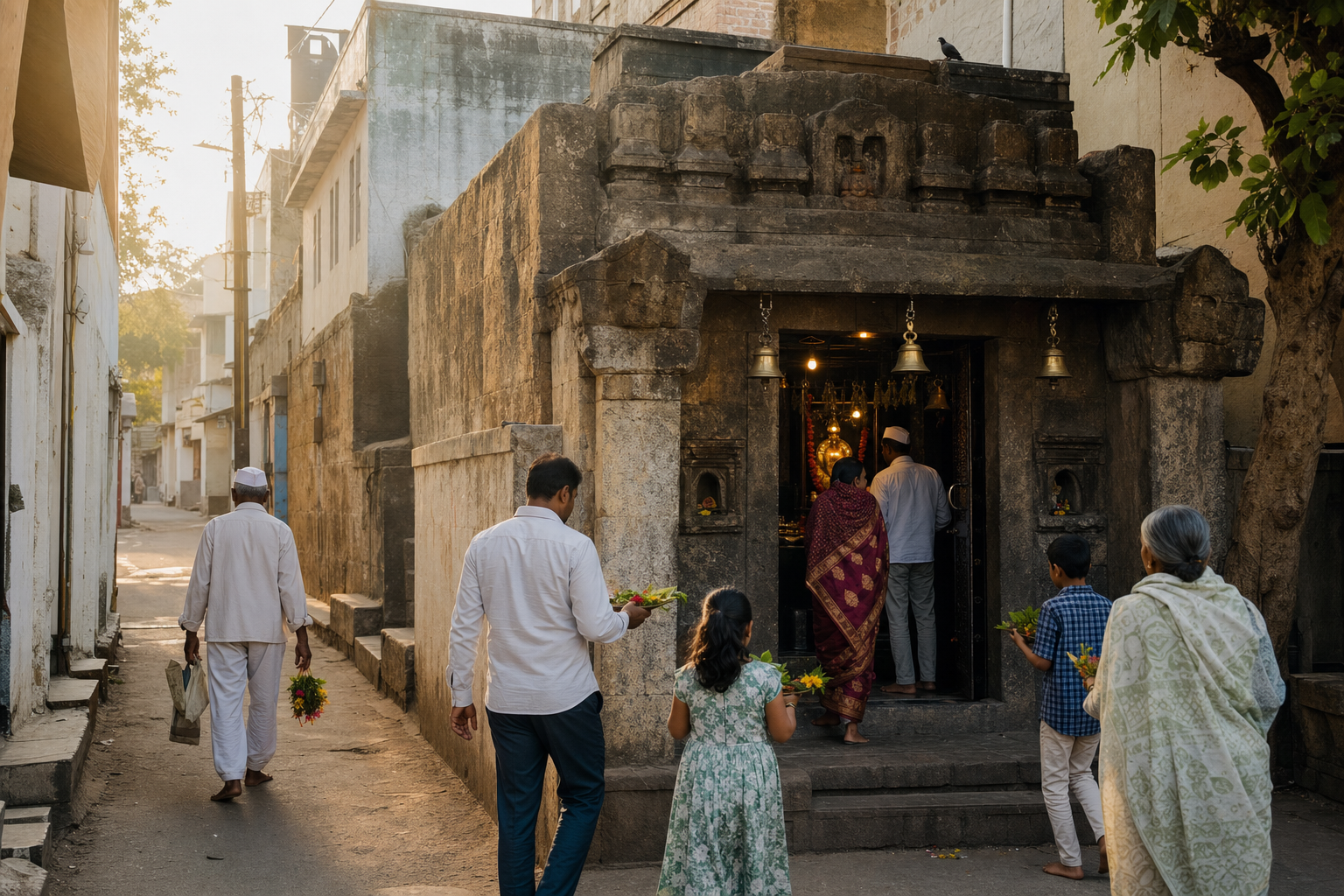 Devotees approach a weathered stone shrine entrance in a Saswad street during the soft light of early morning.