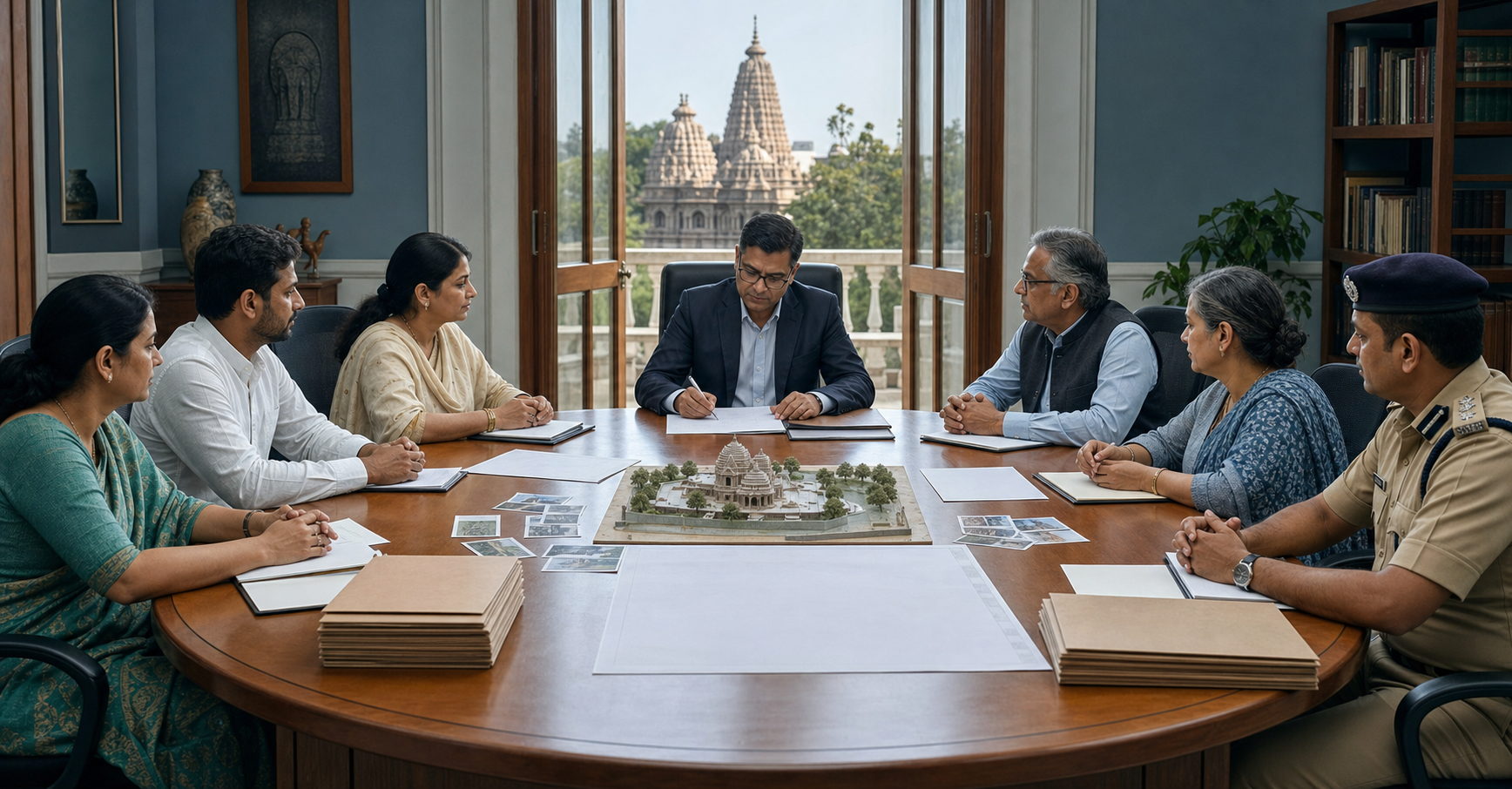 Community representatives and public officials review shared evidence at an administrative hearing while a decision-maker signs a document.