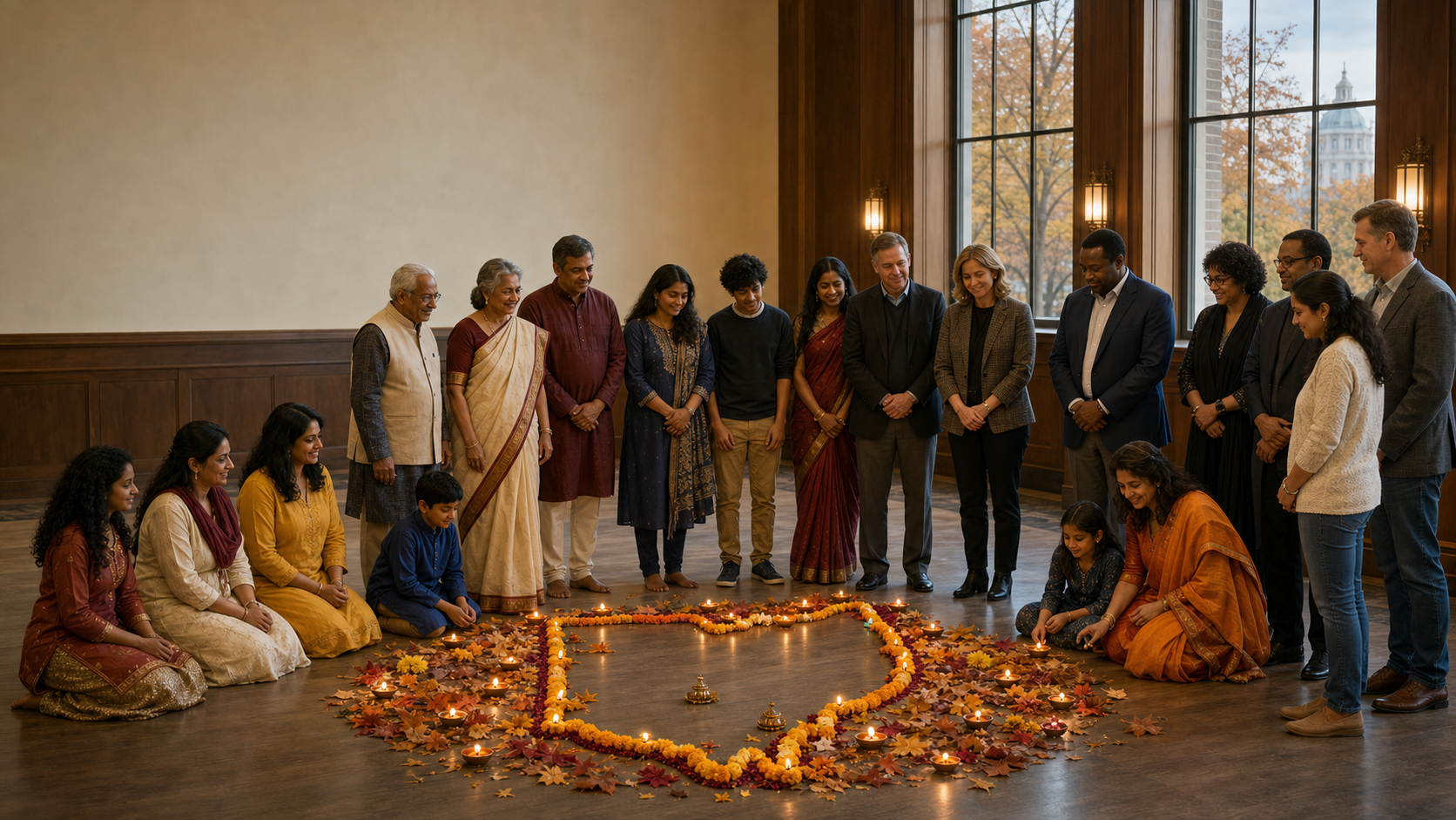 Hindu families, community members, and public officials gather around glowing lamps and marigolds arranged in the shape of Ohio inside a civic hall.