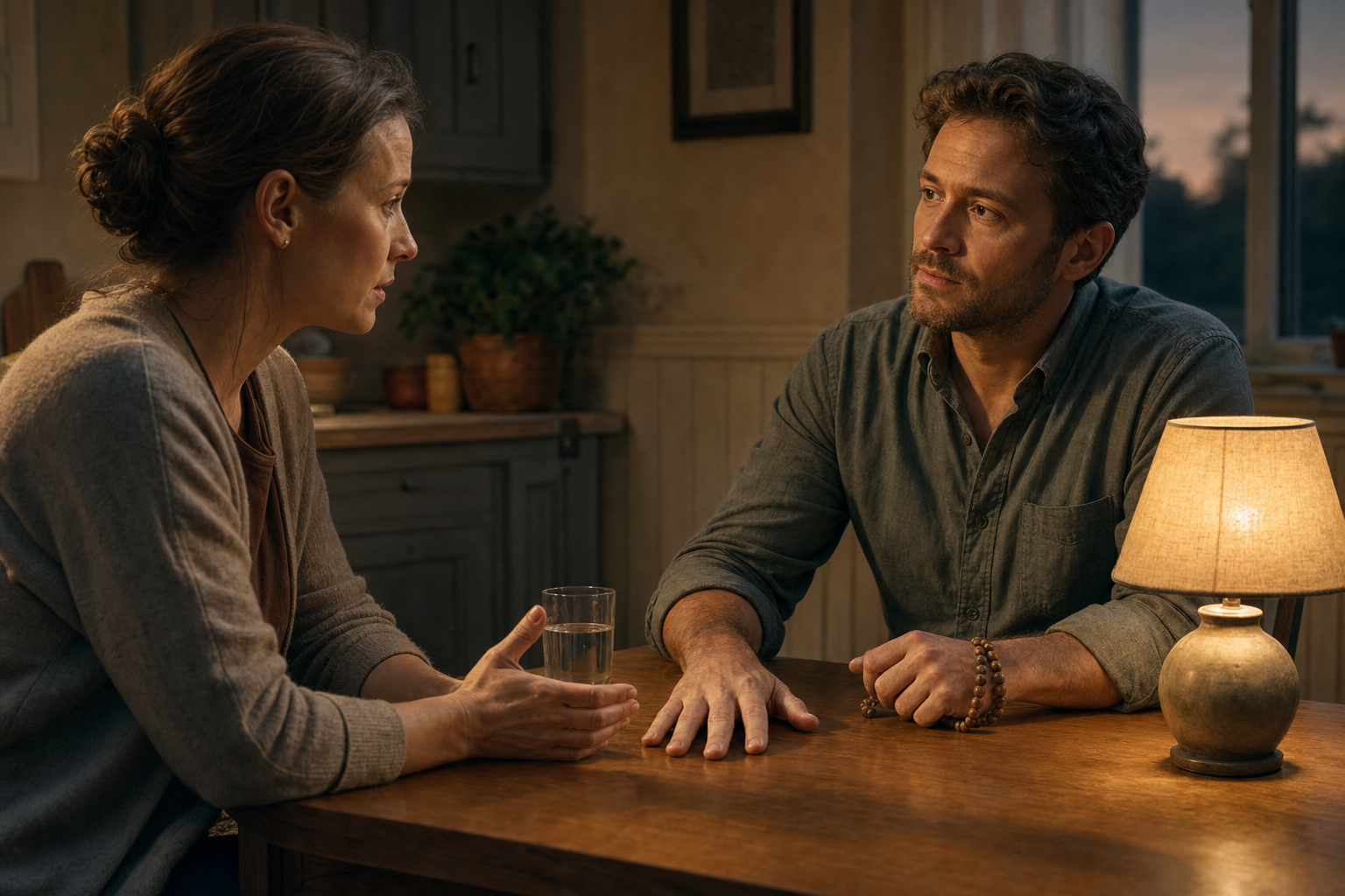 Two adults have a serious conversation at a table while one pauses calmly before responding.