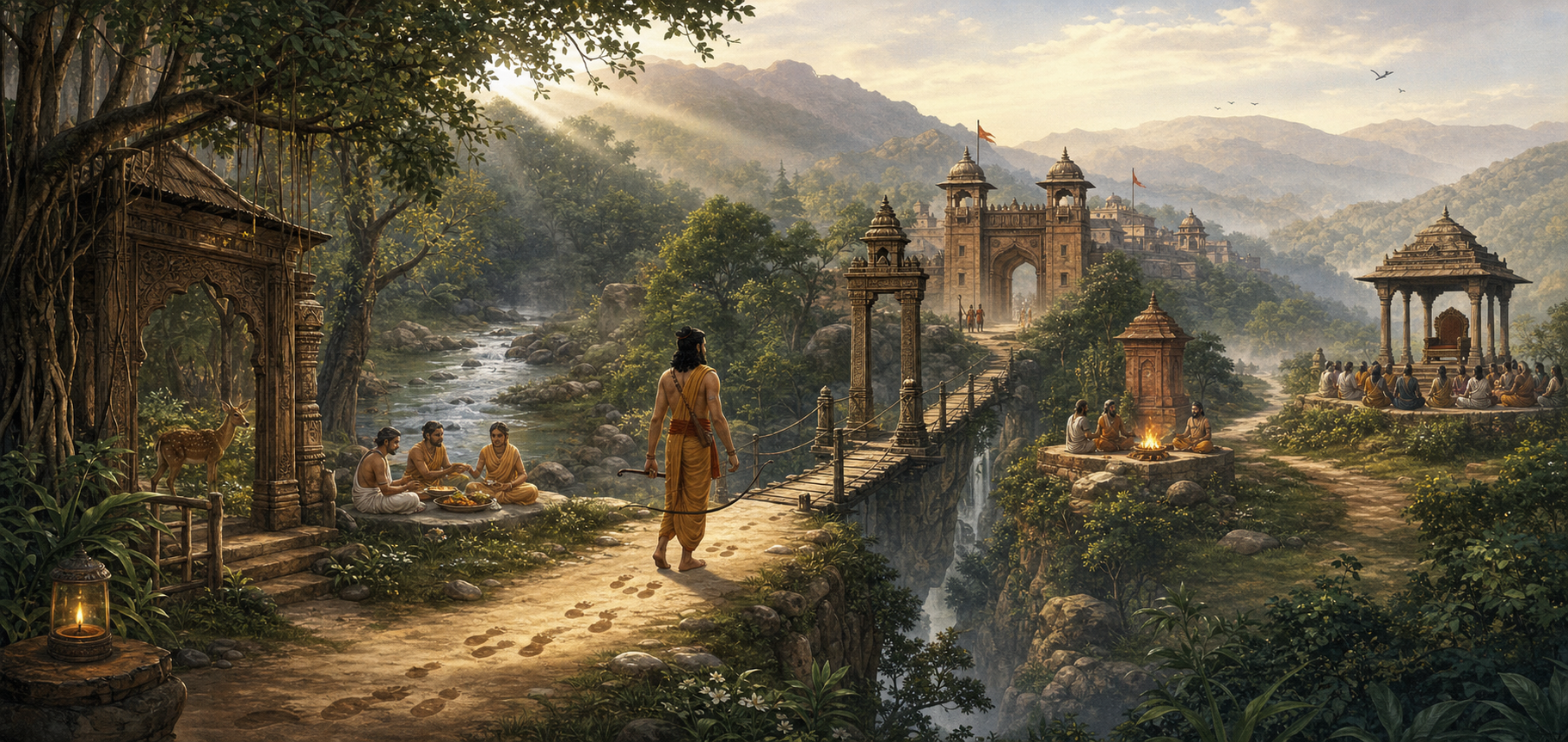 A forest and river landscape contains seven successive gateways leading from a hermitage toward an open royal pavilion, with a traveler walking the path.
