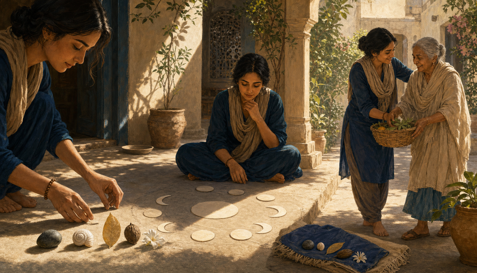 A continuous courtyard scene moves from observing sacred time, to quiet reflection, to helping an elderly family member.
